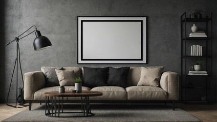 Blank frame mock up with black frame on the wall in living room interior - obrazy, fototapety, plakaty