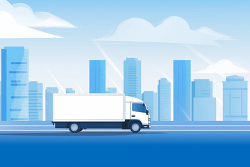 A white delivery truck on the move, set against the backdrop of a crisp blue city skyline, representing swift and efficient urban delivery services.