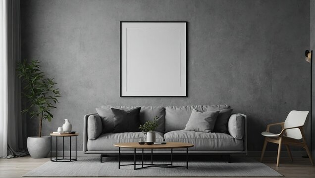 Blank picture frame mockup on gray wall, White living room design, View of modern scandinavian style interior with artwork mock up on wall, Home staging and minimalism concept