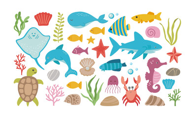 Vector marine life set with dolphin, shark, stingray, crab, jellyfish, turtle, and seaweed