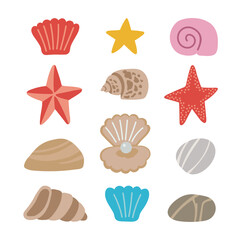 Vector sea collection shells, starfish, stones, pebbles. Hand drawn illustration for travel design.