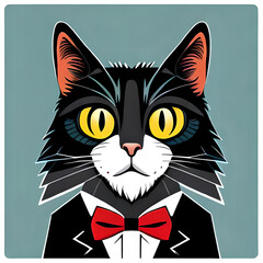 a cat from the front, wearing a black suit and tie, 2D, illustration, digital art, blue background