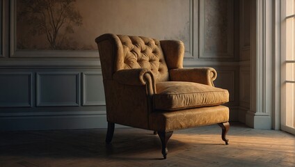 Fototapeta na wymiar Classic English armchair on the background of an empty wall, Sunset light on the wall