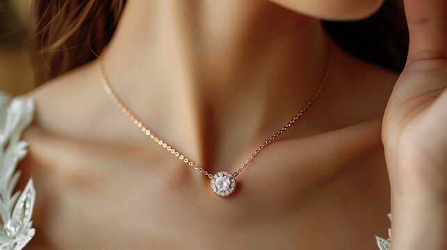 beauty, people and jewelry concept - beautiful young woman wearing shiny diamond pendant