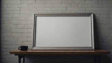 empty frame mockup on a table leaning on the white wall 