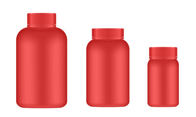 Set of big, medium and small medical pill bottles. Red jar with lid. Plastic medicine container. 3d mockup of a packaging for pharmacy	