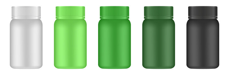 Set of small medical pill bottles. White, green and black jars. Plastic medicine container. 3d mockup of a pharmaceutical packaging	