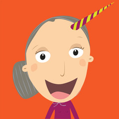 Senior woman unicorn horn on her head. Mother or woman day concept. Vector Illustration