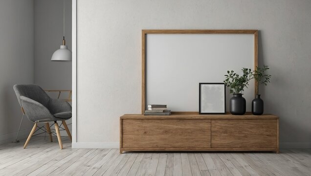 empty Minimal wooden picture poster frame mockup on white wallpaper