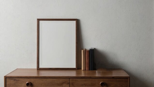 empty Minimal wooden picture poster frame mockup on white wallpaper