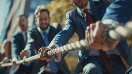 A group of business people play tug of war. - obrazy, fototapety, plakaty