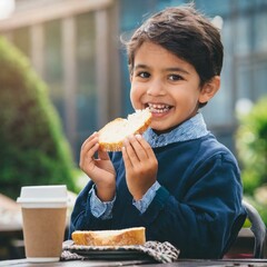 A child is eating a sandwich during their school break