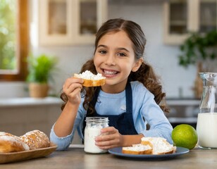 A child is eating a sandwich during their breakfast