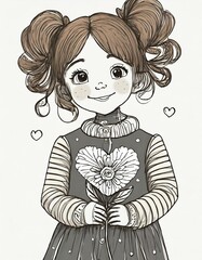 An illustration of a little girl holding a heart-shaped bouquet of flowers.