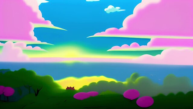 Cartoon landscape with sun and clouds in the sky.