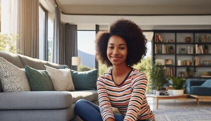 A woman is sitting on the floor of your living room.