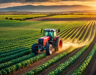Pesticide machine in a soybean field during sunset in the countryside.