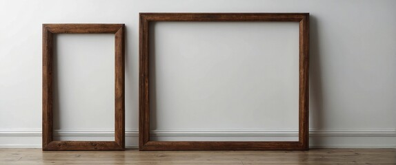 empty wooden frame on white wall, frame mockup
