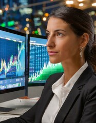 A businesswoman is working in her office, analyzing the stock market and studying the charts.