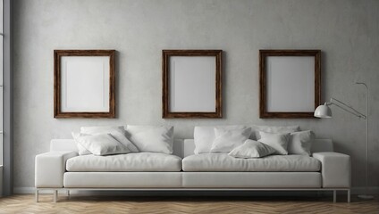 empty wooden frame on white wall, frame mockup