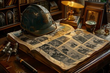 An artistically composed image of a worker helmet placed atop an old, open book filled with historical labor movement photographs - obrazy, fototapety, plakaty