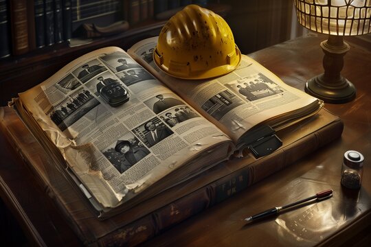 An artistically composed image of a worker helmet placed atop an old, open book filled with historical labor movement photographs