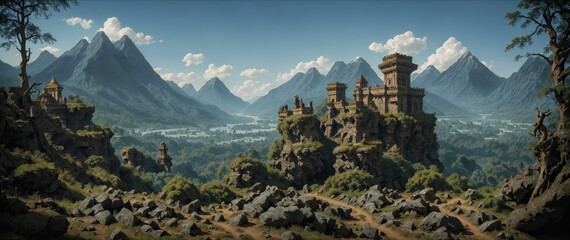An ancient abandoned castle against the backdrop of a beautiful mountain landscape. Ruins of a majestic castle. Stone towers of a medieval fortress. High mountains. Forest valley. - obrazy, fototapety, plakaty