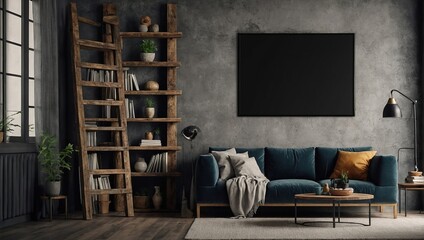 Interior design of living room with black poster mock up frame, shelf, wooden ladder , Grunge wall,Stylish home decor 