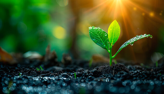 Organic green rice plant sprouts in early growth phase. Copy space