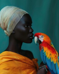 Creative portrait of a beautiful African woman posing with a multicolored parrot, a surreal yet harmonious coexistence of humans and wildlife. Avant- guard fashion photography.