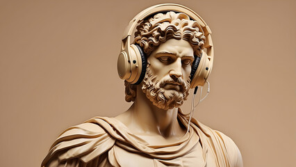 Greek god statue wearing headphones listening to music, beige background - obrazy, fototapety, plakaty
