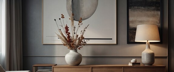 Minimalist composition of stylish living room interior with wooden commode, design paper table lamp, dried flowers in vase