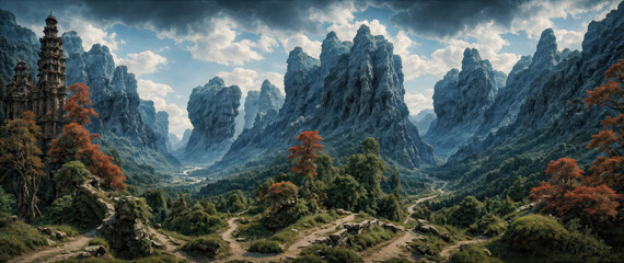 An ancient abandoned castle against the backdrop of a beautiful mountain landscape. Ruins of a majestic castle. Stone towers of a medieval fortress. High mountains. Forest valley.