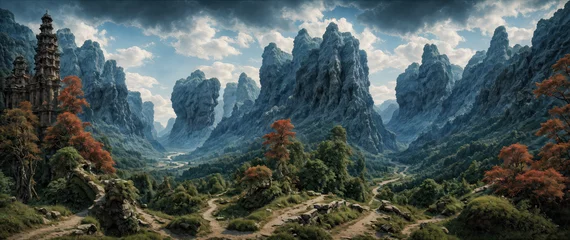  An ancient abandoned castle against the backdrop of a beautiful mountain landscape. Ruins of a majestic castle. Stone towers of a medieval fortress. High mountains. Forest valley. © derplan13