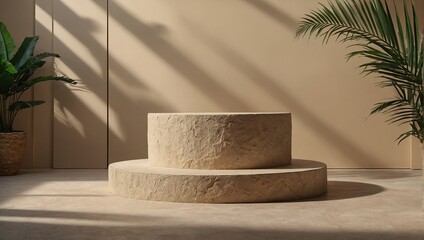 Mock up with round podium stone textured pedestal with natural soft shadow from palm leaves on...