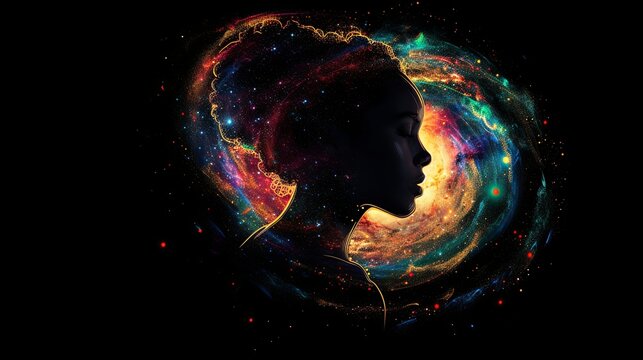Woman meditates Black Background Surreal Collision Of Galaxies, Luminous Hues