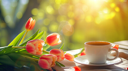 Fototapeta na wymiar tulips and coffee cup on the table, sunny nature background