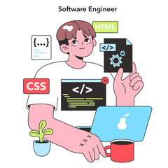 A skilled Software Engineer displays tools of the trade with confidence, surrounded by icons of HTML and CSS, representing the modern crafts of web development.