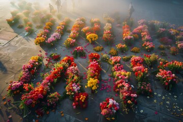 An inspiring aerial view of a peaceful march, with thousands of flowers laid out on the ground to spell 'Unity' in honor of International Labour Day.