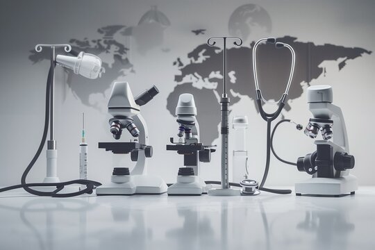An inspiring image showcasing a collection of veterinary medical instruments--stethoscope, microscope, and syringes--neatly arranged on a pristine, white surface.