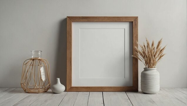 Small vertical wooden frame mockup in scandi style on empty neutral white wall background