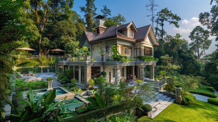 a luxurious two-story cottage nestled amidst lush greenery, with majestic green thujas towering nearby, evoking a sense of tranquility and elegance.