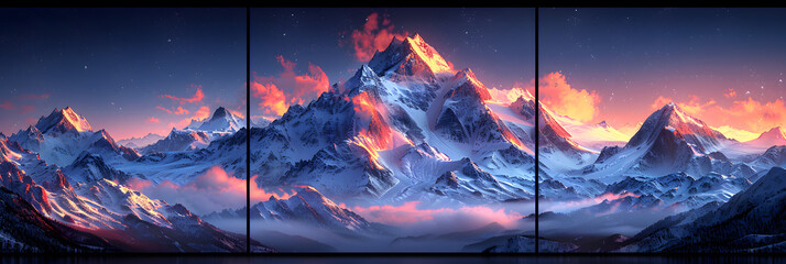 Snow-capped Mountain Peaks Glowing at Dawn 3d image,.
Sunset mountains scene of majestic style peaks drawing