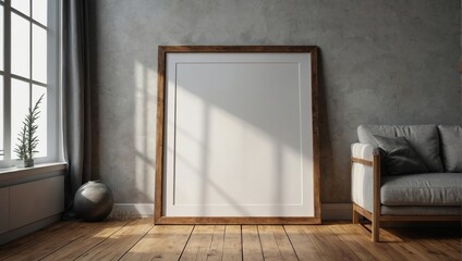 Vertical wooden frame mock up, Wooden frame poster on wooden floor with white wall