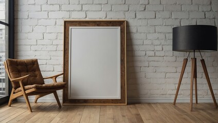 Vertical wooden frame mock up, Wooden frame poster on wooden floor with white wall