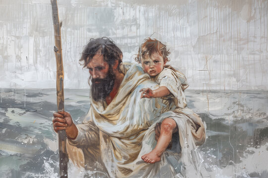 Patron saint of travel - St. Christopher carrying a boy accross water. Protect us - symbolic Catholic religious art