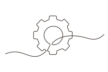 Single continuous line symbol of machine wheel gear vector illustration. Cogwheel one line contour drawing business teamwork concept. Design for poster, card, label, company 