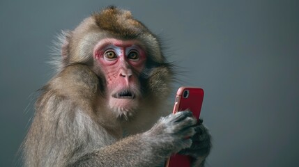 Surprised monkey with a smartphone on a grey background. - Powered by Adobe