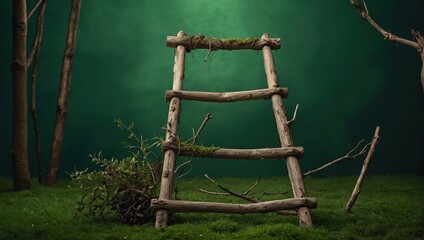 Wooden ladder with witch dry branch on green background, Minimal halloween layout