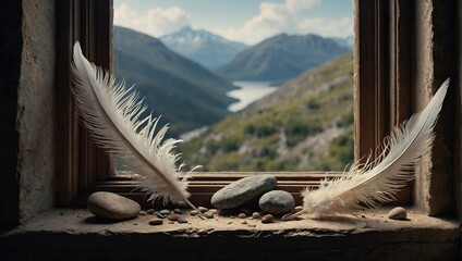 A window ledge holds empty framed , flowers, feathers, rocks, stones, and a butterfly